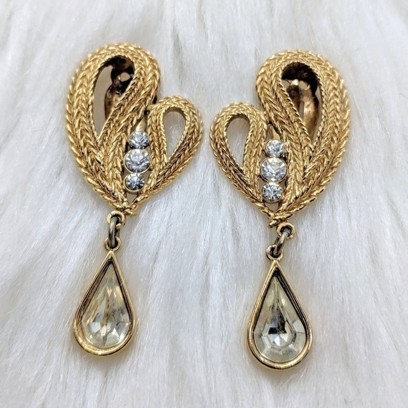 Gold & Rhinestone Drop Earrings - Picture 2 of 4